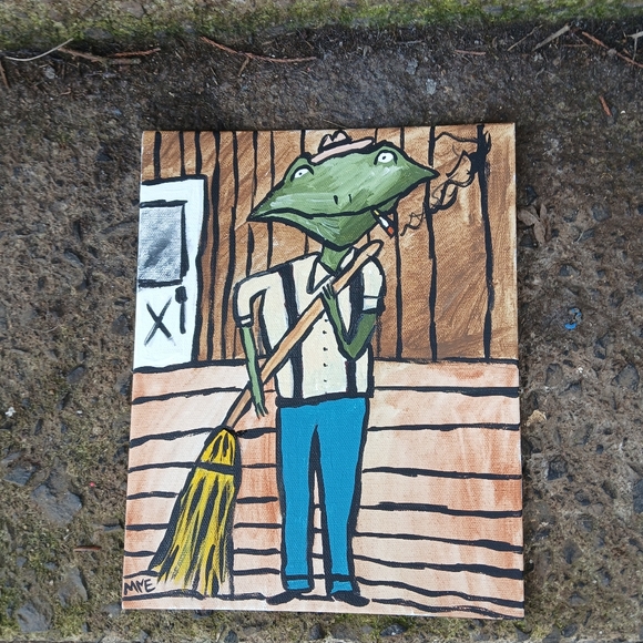 Frog Sweeping Porch Painting Folk Art Original - Picture 6 of 10
